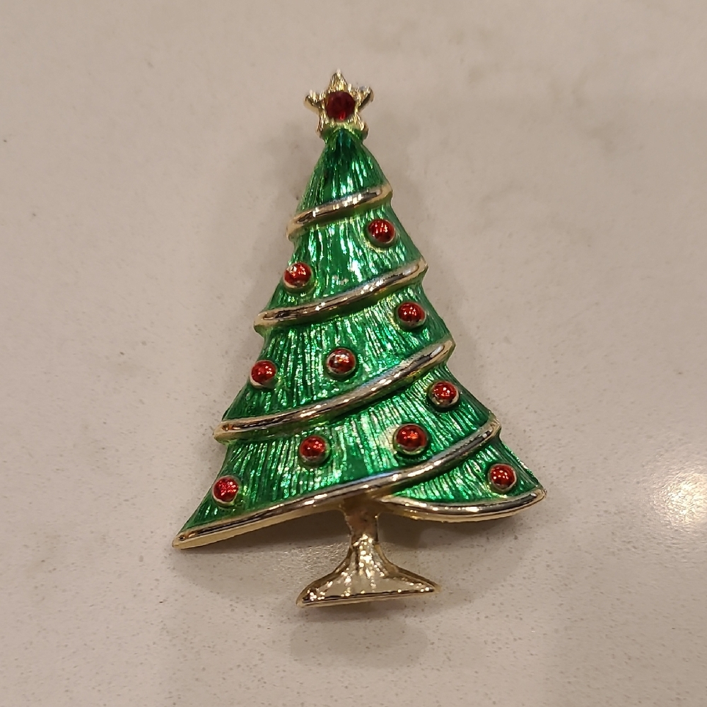Festive Green and Gold Christmas Tree Brooch